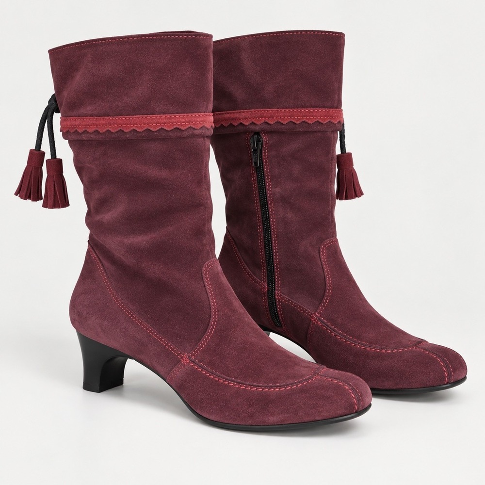 Think! Burgundy Maroon Suede Boots Tassel Side Zip Comfort Sz 37 Italy 5.5- 6 US